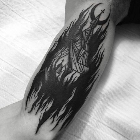 Blegh Deathcore Tattoo, Church On Fire Tattoo, Burning Church Drawing, Satanic Tattoo Design Ideas, Burning Church Tattoo Design, Burning Witch Tattoo, Black Philip, Church Tattoo, Burning Church