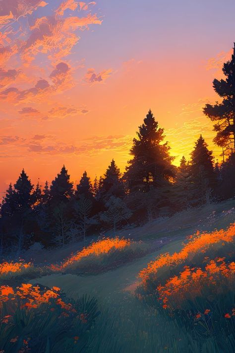 Landscape Drawing Tutorial, Paintings Wall Decor, Drawing Sunset, Nature Paint, Canvas Art Painting Acrylic, Sunset Painting Acrylic, Grass Painting, Home Nature, Forest Sunset