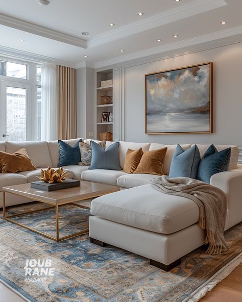 Home Decor Ideas Living Room Blue Sofa, Heather Living Room, Blue White Interior Design, Modern Living Room Blue Accents, Navy Gold Living Room Decor, Cream And Light Blue Living Room, Powder Blue Sofa Living Room Ideas, Sofa Colour Ideas Living Rooms, Brown Blue Living Room Decor