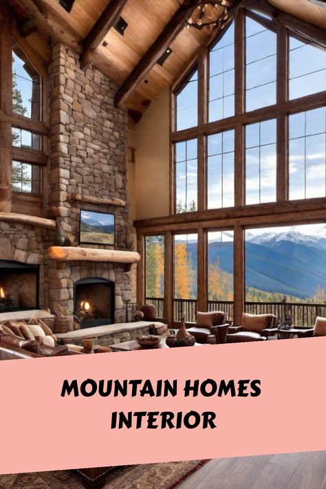 Rustic mountain home living room with stone fireplace, large windows, and mountain views. Mountain House Decor Modern, Mountain Dream Homes Interior, Mountains Interior Design, Interior Mountain House, Colorado Interior Design Style, Mountain Luxury Decor, Modern Mountain Home Living Room, Mountain House Interior Design Rustic, Chic Mountain Home