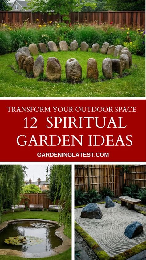 12 specially designed spiritual gardens that offer more than just beauty but will hopefully provide you with inspiration for your spiritual sanctuary—Easy to build and most;y inexpensive these designs shouldf help you find inner peace. From Zen serenity gardens with minimalist charm to lush, moonlit retreats, each garden design invites you to a personal haven of tranquility. Perfect for meditation or simply enjoying nature's embrace, these ideas will inspire you to transform your outdoor space into a soul-soothing escape. Explore each serene setting and find the perfect garden to cultivate your own space. Farm Retreat Ideas, Small Meditation Garden, Spiritual Garden Design, Labyrinth Garden Design, Peaceful Garden Ideas, Grounding Garden, Outdoor Meditation Garden, Small Zen Garden Ideas, Meditation Garden Ideas