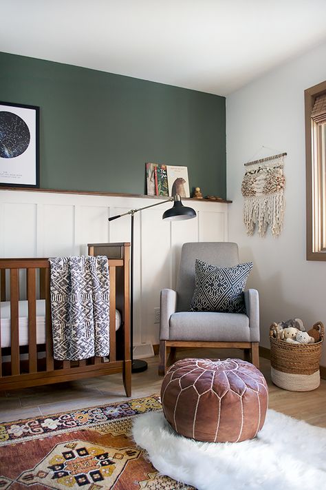 10 Best Places To Buy Throw Pillows - Where To Buy Throw Pillows Nursery With Dark Wood Trim, Earthy Modern Nursery, Sherwin Williams Retreat Nursery, Sherwin Williams Woodland Lichen, Half Painted Wall Dark On Top, Sw Woodland Lichen, Green Nursery With Brown Furniture, Dark Grey Accent Wall Nursery, Nursery With Wood Trim