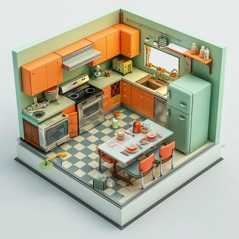 This is a retro-style kitchen. The walls are pale green and the cabinets are orange and mint green ->> more details in ai-img-gen.com Green And Orange Kitchen, Black And White Checkered Floor, Table With Two Chairs, Legacy Challenge, Retro Style Kitchen, Checkered Floor, 70s Kitchen, Pink Lamp, Interior Design Renderings