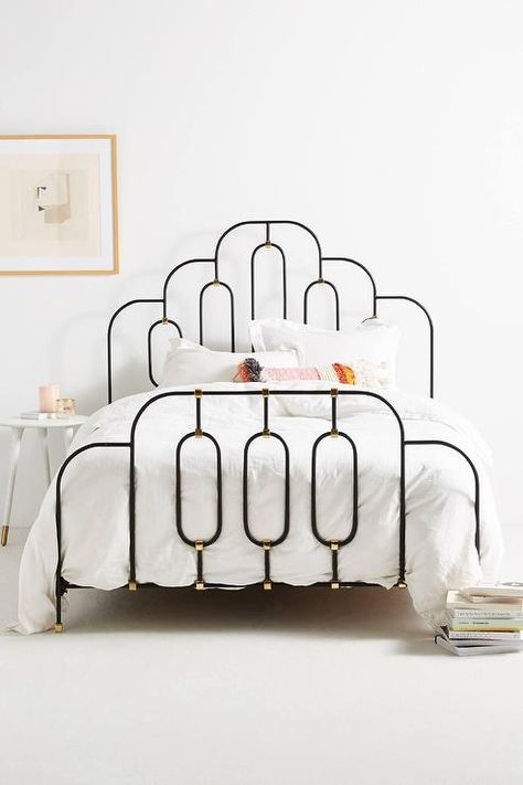 Deco Arched Black Iron Bed Anthropologie Room Decor, Anthropologie Room, Hanging Furniture, Farmhouse Side Table, Cute Dorm Rooms, Eclectic Bedroom, Iron Bed, Plywood Furniture, Anthropology