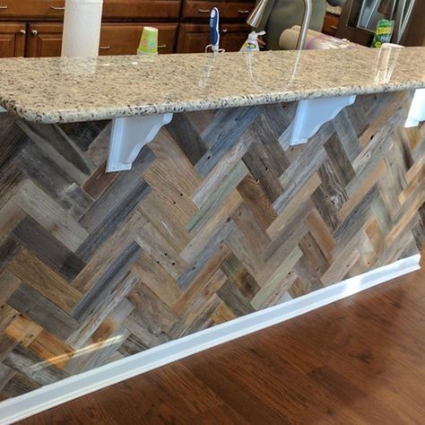 Is there anything that herringbone doesn't make look better? 😍 This granite topped breakfast bar pulls the shades of the cabinets, flooring & granite together in a beautiful array of shades & tones. 🌲The pattern, along with the w Herringbone Bar, Wood For Walls, Diy Reclaimed Wood Wall, Barnwood Floors, Wood Wall Design, Herringbone Wood, Wood Island, Wood Walls, Single Wide