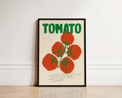 Mid Century Tomato Print, Kitchen Food Print, Kitchen Decor, New Home Gift, Best Friend Gift, Kitchen Wall Art, Tomato Art, Kitchen Prints by AlluvionPrints on Etsy Canvas Painting Ideas Kitchen, Kitchen Artwork Ideas Wall Hangings, Kitchen Picture Ideas, Kitchen Wall Art Ideas, Tomato Print, Art For The Kitchen, Tomato Art, Canvas Kitchen Wall Art, Bar Cart Print