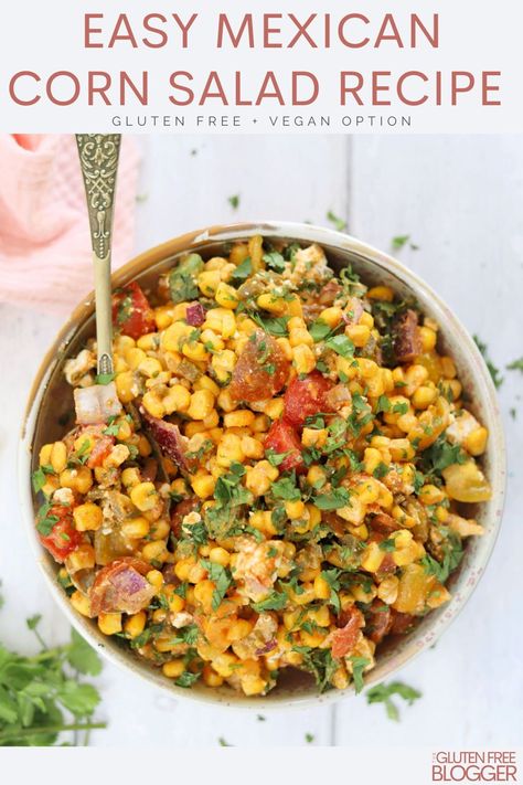 This Mexican sweetcorn salad is an easily gluten free lunch idea, BBQ side dish or healthy recipe for a salad spread or Mexican feast! Vegan option. Mexican Corn Salad Recipe, Sweet Corn Salad Recipe, Sweetcorn Salad, Gluten Free Mexican, Easy Bbq Side Dishes, Salad Recipes Gluten Free, Gluten Free Bbq, Corn Salad Recipe, Mexican Corn Salad