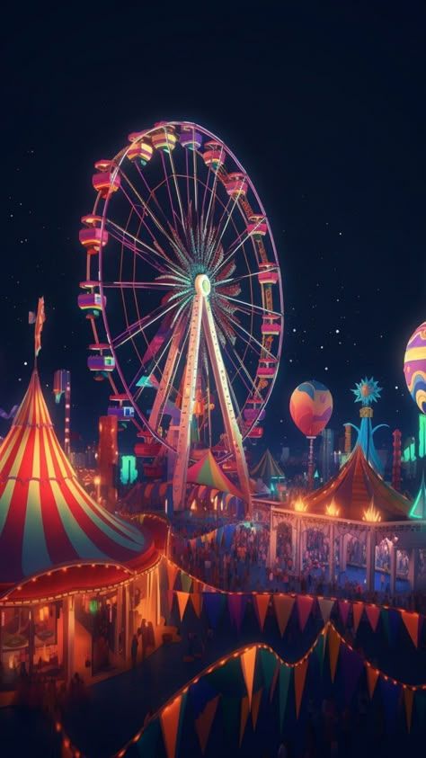 Circus Theme Painting, Carnival Theme Background, Circus Wallpaper Backgrounds, Carnival Wallpaper Aesthetic, Theme Park At Night, Fantasy Carnival Art, Carnival Concept Art, Theme Park Background, Carnival Aesthetic Night