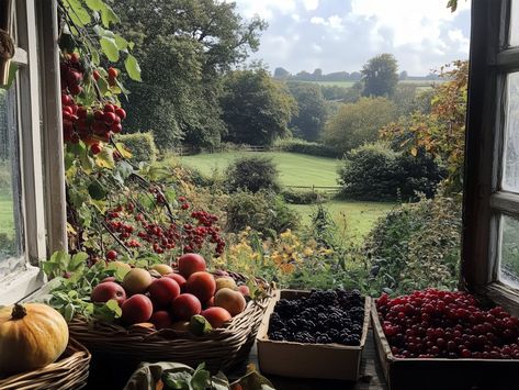 Experience the charming beauty of the late Summer and Autumn English countryside with this captivating digital art download. "Harvest Window View" offers a hyper-realistic scene of a cosy cottage window overlooking a lush, green landscape filled with rolling hills and vibrant foliage. The foreground is adorned with baskets of fresh fruit, including apples, blackberries, and currents, adding a rustic touch to this picturesque view. Perfect for nature enthusiasts and lovers of English decor, this Cottage In Field, Cottage In A Field, English Country Village Aesthetic, Rustic English Cottage, English Countryside Autumn, Rural England English Countryside, Countryside Art, Cottage Windows, Cosy Cottage