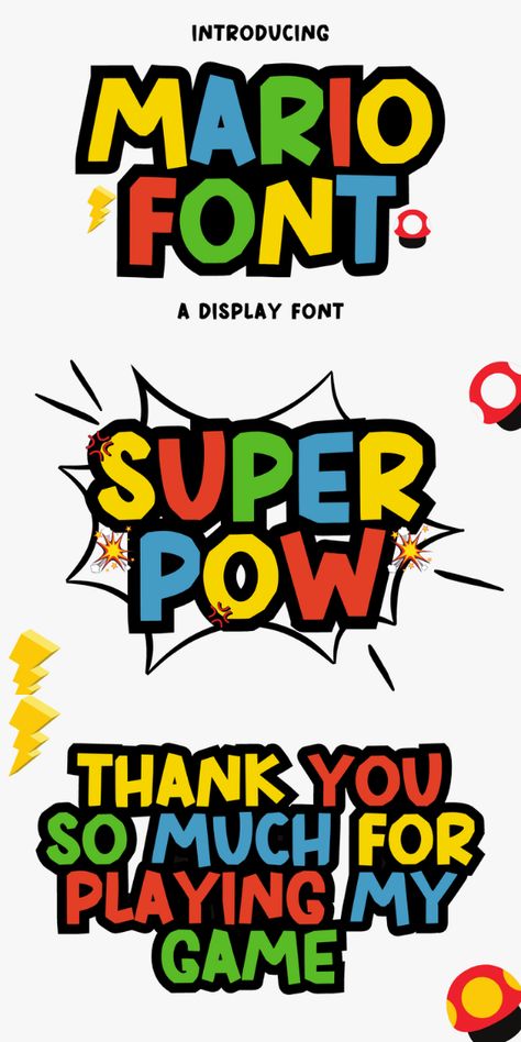 Mario is a cool, bold, and fun display font. Add it with confidence to your favorite creations and let yourself be amazed by the resulting results. This font is very suitable for children, t shirts, quotes, and others Mario Quotes, Mario Font, You Are Amazing, Display Font, Creative Fabrica, Linux, Mario, Nintendo, Mac