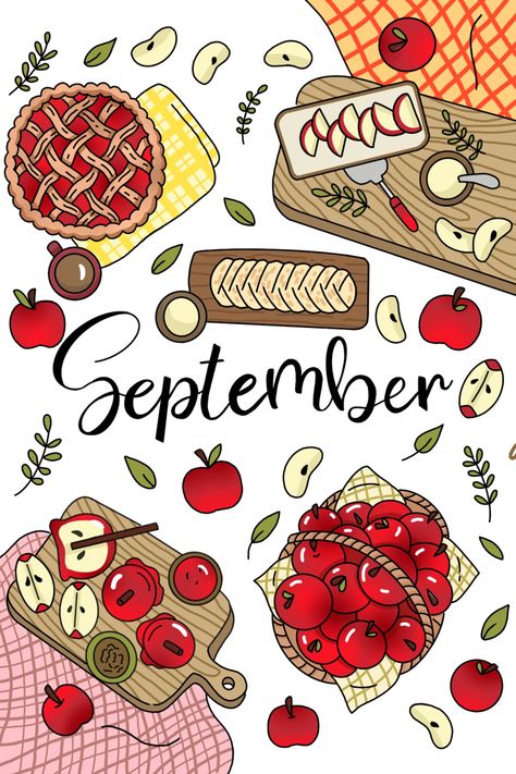 September Calander Theme, September Diary Ideas, September Sketchbook Ideas, September Calander Aesthetic, September Calendar Doodles, September Aesthetic Drawing, September Drawing Ideas, Apple Bullet Journal, September Aesthetic Month