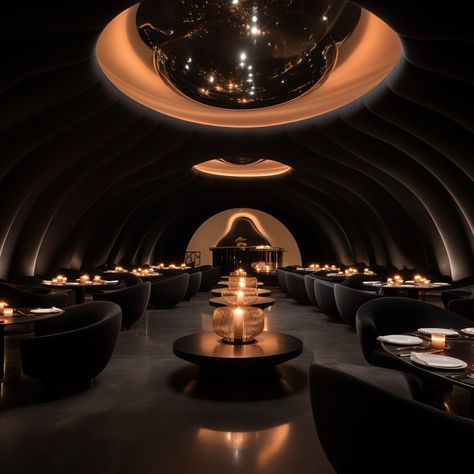 the inside of a large black dome illuminated with anish kapoor art, a high end luxury restaurant floats in the space inside. Luxurious Restaurant Exterior, Restaurant Lighting Ideas, Dome Restaurant, High End Restaurant, Donut Bar, Anish Kapoor, Dome Ceiling, Small Cafe, Luxury Restaurant