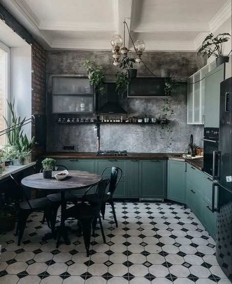 French Eclectic House Exterior, Textured Walls Kitchen, Cottage Goth Kitchen, Forestcore House, Cottage Core Kitchens, Fun Kitchen Ideas, Kabinet Dapur, Dark Home Decor, Green Cabinets