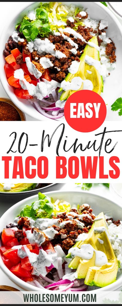 Taco BowlTaco Dip
Taco Slaw
Zucchini Taco Boats
Taco Skillet
Baked Chicken Legs
Taco Salad
Halibut Recipe
Sirloin Steak
The Best Burgers
Sauteed Zucchini
 - I’ve been on a “bowl meals” kick lately, and this taco bowl recipe is my latest one on repeat. It was my random creation when I was tired of my usual burger bowls, egg roll bowls, and salmon bowls. I had all the ingredients I needed for my taco salad, but wanted something a little more hearty. Enter taco bowls! They’re a lot like my salad ve Whole 30 Taco Bowl, Taco Bowls Healthy, Zucchini Taco Boats, Taco Slaw, Egg Roll Bowls, Creamy Cilantro Sauce, Nourish Bowls, Burger Bowls, Taco Boats