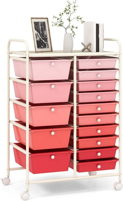 Amazon.com: RELAX4LIFE 15-Drawer Storage Drawer Carts - Mobile Rolling Utility Cart w/Wheels, Craft Organizer for Classroom Organization and Storage, School, Office, Home, Storage Organizer Cart (Gradient Pink) : Office Products Scrapbook Paper Organization, Craft Storage Cart, Cart Organizer, Drawer Cart, Organization Cart, Rolling Utility Cart, Craft Cart, Art Supplies Storage, Rolling Storage Cart