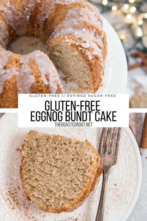 Gluten-Free Eggnog Cake - The Roasted Root Gluten Free Eggnog Bread, Gluten Free Eggnog Cake, Gluten Free Holiday Desserts Christmas, Christmas Cake Gluten Free, Gluten Free Bundt Cake Recipes, Gf Perogies, Gf Christmas Desserts, Gluten Free Christmas Dinner, Gluten Free Christmas Baking