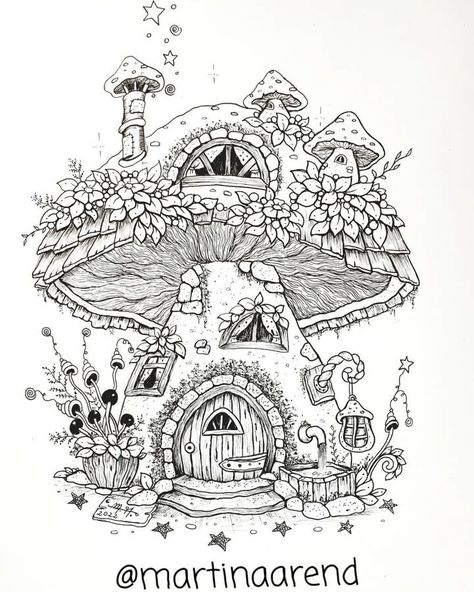 Fantasy Ink Art Drawing. Mushroom Fairy Houses Drawing, Drawing Fairy House, Drawing House Aesthetic, Mushroom House Tattoo Design, Mushroom Hut Drawing, Fantasy House Sketch, Creative House Drawing, Drawing Mushroom House, Tiny House Drawing Art