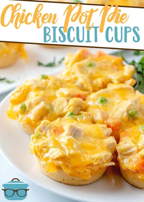 These Chicken Pot Pie Biscuit Cups have only 5 ingredients: biscuits, chicken, veggies, cheese and cream of chicken! Dinner done in 30 minutes. Chicken Pot Pie Biscuit Cups, Chicken Pot Pie Cups Muffin Tins, Chicken Pie Biscuits, Chicken Pot Pie Biscuits Recipe, Chicken Pot Pie Muffin Cups, Chicken Pot Pie For Two, Pot Pie Cups, Chicken Cups, Biscuit Chicken Pot Pie