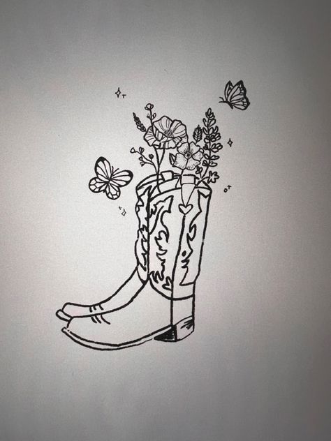 Minimal Flower Tattoo, Butterfly Tattoo Hand, Cowboy Boot Vase, Boot Tattoo, Cowboy Boot Tattoo, Vase Tattoo, Boot Vase, Cowgirl Tattoos, Minimal Flower