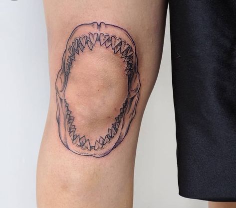 Jaws Around Knee Tattoo, Shark Jaws Tattoo Elbow, Jaw Knee Tattoo, Shark Jaws Tattoo Knee, Shark Jaw Tattoo Knee, Shark Jaw Tattoo, Shark Skull, Shark Jaws Tattoo, Jaw Tattoo