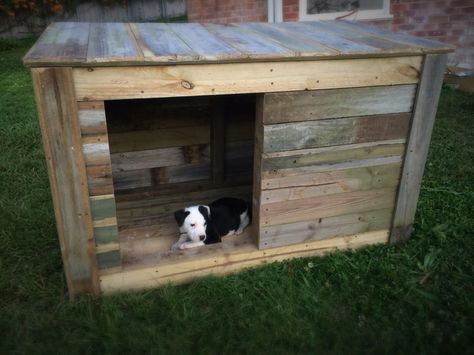 upcycled pallet doghouse Pallet Doghouse, Doghouse Ideas, Big Dog House, Pallet Dog House, Wood Dog House, Pallet Dog Beds, Build A Dog House, Diy Pallets, Wooden Dog House