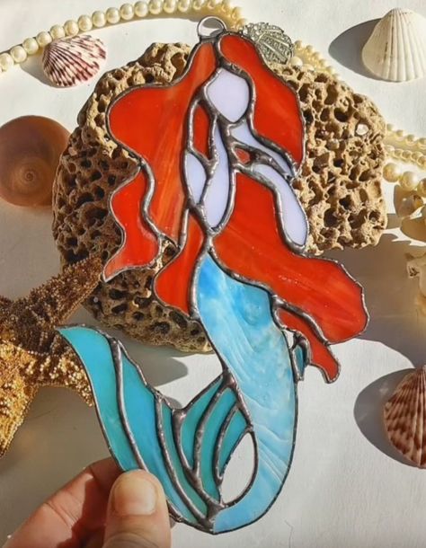 Mermaid Stained Glass Art, Stained Glass Octopus, Mermaid Stained Glass Pattern, Stained Glass Mermaid, Disney Stained Glass, Beachy Art, Mermaid Glass, Stained Glass Patterns Free, Fused Glass Artwork