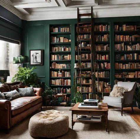 Green Library Room, Flex Room Ideas, Color In Interior Design, Green Bookshelves, Practical Home Decor, Green Library, Game Room Ideas, Cozy Home Library, Gray Room