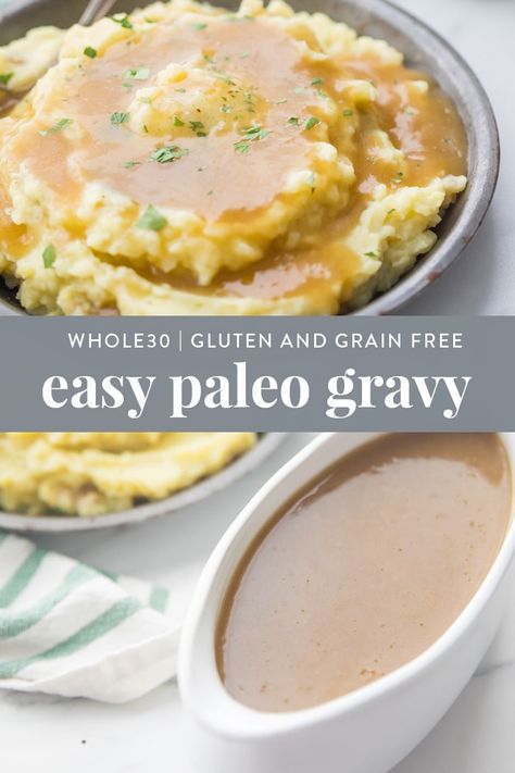 This easy Paleo Gravy recipe is so versatile and works for turkey, beef, or chicken! You would never guess this was Whole30, gluten free, grain free and dairy free! Just 5 ingredients and 5 minutes cooking time are required to make this healthy paleo gravy recipe! #gravy, #lowcarb, #easy, #paleo, #glutenfree, #grainfree, #healthy Aip Gravy Recipe, Healthy Gravy Recipe, Paleo Gravy, Gluten Free Gravy Recipe, Healthy Gravy, Paleo Thanksgiving Recipes, Paleo Christmas, Paleo Condiments, Gluten Free Gravy