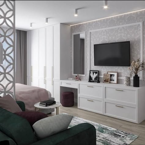 Closet With Tv Bedroom, Bedroom Wardrobe Ideas With Tv, Bedroom Tv And Wardrobe, Bedroom Closet With Tv In The Middle, Tv With Wardrobe Master Bedrooms, Bedroom Built Ins, Luxe Bedroom, Tv In Bedroom, Master Room