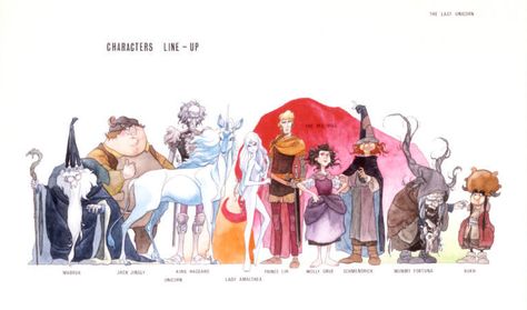 Character Design (Line-up) for The Last Unicorn, 1982, Rankin-Bass (illustrator: Lester Abrams?) Last Unicorn, The Last Unicorn, Cartoon As Anime, Unicorn Art, Mystical Creatures, Graphic Artwork, Character Design References, Creature Design, Fantasy Creatures