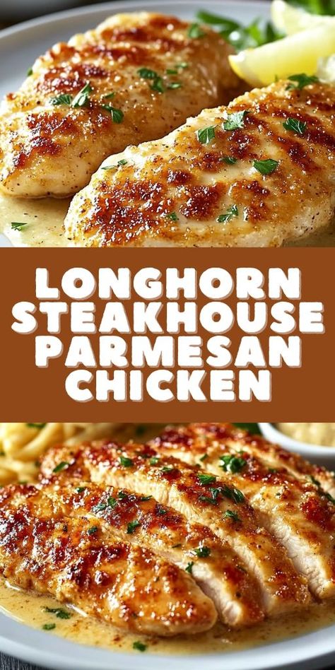 🍗 Craving restaurant-quality chicken at home? Try this Copycat Longhorn Steakhouse Parmesan Crusted Chicken Recipe! This delicious dish combines juicy, perfectly seasoned chicken with a crispy parmesan crust and creamy, cheesy topping. 🧀 Ideal for family dinners, special occasions, or just treating yourself to something savory, this recipe is easy to follow and guaranteed to impress. Bring the flavors of Longhorn Steakhouse right to your kitchen! #ParmesanCrustedChicken #CopycatRecipe 🍽️ Juicy Chicken Breast Recipes, Copycat Longhorn, Chicken Breast Marinade Recipes, Garlic Chicken Breast Recipes, Chicken Breast Dinner Ideas, Chicken Breast Marinade, Oven Fried Chicken Recipes, Parmesan Crusted Chicken Recipe, Crusted Chicken Breast