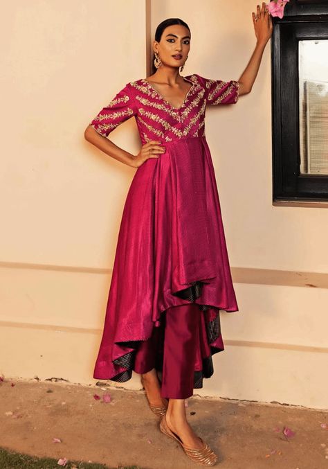 Rani Pink Dot Print Embroidered Anarkali Set Seeaash - Fabilicious Fashion Dotti Dresses, Anarkali Designs, Cutdana Embroidery, Pink Anarkali, Simple Kurti, Western Dresses For Women, Trendy Outfits Indian, Rani Pink, Cotton Anarkali