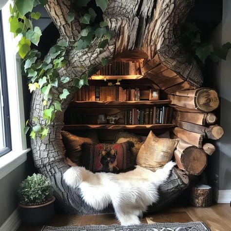 Enchanted Escapes: Tree-Inspired Reading Nooks Tree House Reading Nook, Tree House Library, Outdoor Book Nook, Enchanted Forest Living Room, Tree In Bedroom Corner, Forest Reading Nook, Cottage Core Book Nook, Enchanted Forest Library, Diy Forest Book Nook