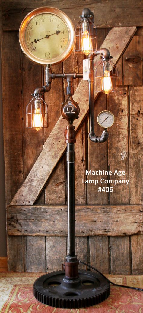 Steampunk industrial floor lamp, By Machine Age Lamps, Shawn Carling Steampunk Floor Lamp, Pipe Lights, Pipe Lamps, Diy Floor Lamp, Industrial Floor Lamp, Indoor Floor Lamps, Steampunk Furniture, Industrial Lamps, Industrial Floor