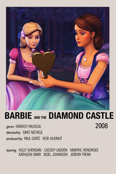 Barbie Old Movies, Liana And Alexa, All Barbie Movies, Barbie Movies List, Minimalistic Polaroid Poster, Castle Video, Barbie And The Diamond Castle, Barbie And The Three Musketeers, Barbie Posters