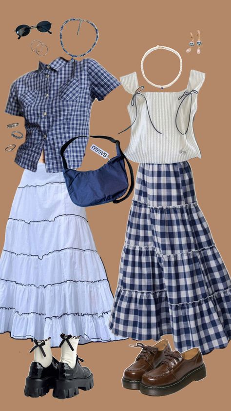 wlw blue and white checkered outfits skirts bows Checkered Skirt Outfit, Italy Summer Outfits, Checkered Outfit, Outfits Skirts, Couple Fits, Italy Summer, Checkered Skirt, Blue Checkered, Skirt Outfit