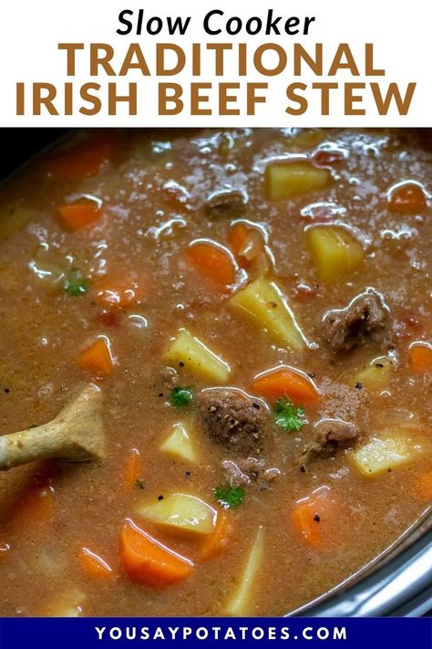 Slow cooker of beef stew. Irish Stew Recipe Crock Pots, Guiness Beef Stew Recipe, Irish Stew Crockpot, Irish Beef Stew Crockpot, Irish Guinness Beef Stew, Traditional Irish Beef Stew, Slow Cooker Irish Beef Stew, Irish Pub Food, Irish Beef Stew Recipe