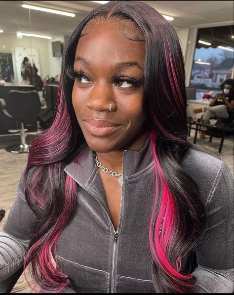 Weave With Pink Highlights, Quick Weave With Pink Highlights, Hair Quick Weave, Peak A Boo Hair, Pink Peekaboo Highlights, Pink Peekaboo Hair, Pink Peekaboo, Peekaboo Hair Colors, Sleek Braided Ponytail