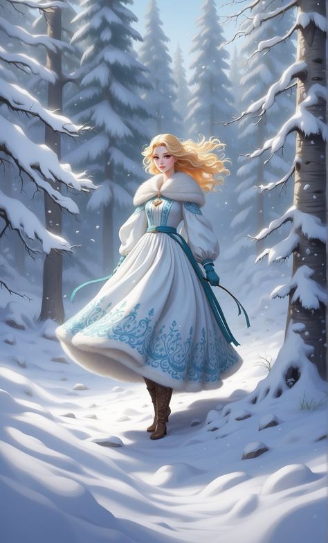 Snow Queen Art, Princess Dress Drawing, Blonde Characters, Winter Mermaid, Anime Snow, Snow Elf, Characters Female, Queen Drawing, Snow Maiden