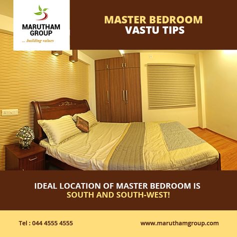 Master-bedroom vastu tips:   •	The ideal location of a master bedroom is South and South-West. •	Sleeping direction: Head should always be in South or East •	The doors should be placed in the East, West or North. •	Bed alignment to any corners should be avoided. •	East or North walls are good for placing windows •	The wall colors can be light rose, off white, pastel shades of blue and green, chocolate brown, or even gray. •	Stay away from the use of marbles in the newly married couple’s bedroom. Vastu Remedies, Vastu House, Beautiful Bedroom Decor, Vastu Tips, White Pastel, Bedroom Wall Colors, Vastu Shastra, Beautiful Bedroom, Newly Married Couple