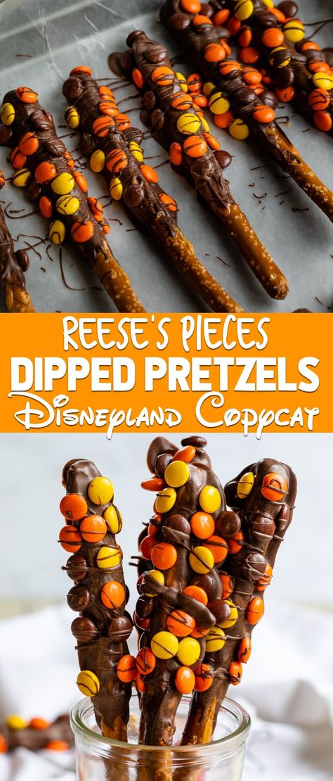 Reese's Dipped Pretzels are a Disneyland copycat recipe! Pretzel rods are dipped in caramel and chocolate and coated with Reese's Pieces. These are easy to make at home! via @crazyforcrust Halloween Pretzels Rods, Snacks Salty, Ideas For Snacks, Carmel Chocolate, Chocolate Pretzel Rods, Chocolate Dipped Pretzel Rods, Disney Parties, Halloween Pretzels, Dipped Pretzel Rods