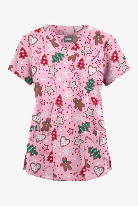 Butter-Soft Originals Baking For Santa Blush Women's 6-Pocket Scallop Neck Printed Scrub Top, Christmas Scrubs Christmas Scrub Tops, Scallop Neckline, Healing Hands Scrubs, Christmas Scrubs, Lauren Asher, Cute Scrubs, Dream Jobs, Tapered Joggers, Scalloped Neckline