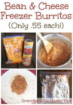 These bean and cheese freezer burritos are great for busy families. Plus, you can make them for only .55 a piece! Meals That Freeze Well, Freezer Burritos, Freezer Dinners, Freezable Meals, Freezer Meal Planning, Freezer Meal Prep, Freezer Cooking, Frugal Meals, Make Ahead Meals