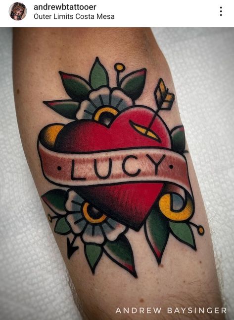 Colorful American Traditional Tattoo, American Traditional Daughter Tattoo, Trad Heart Tattoo, Traditional Style Mom Tattoo, Traditional Love Heart Tattoo, American Traditional Heart Name Tattoo, Ripley Tattoo, Mum Heart Tattoo, Traditional Tattoo Names