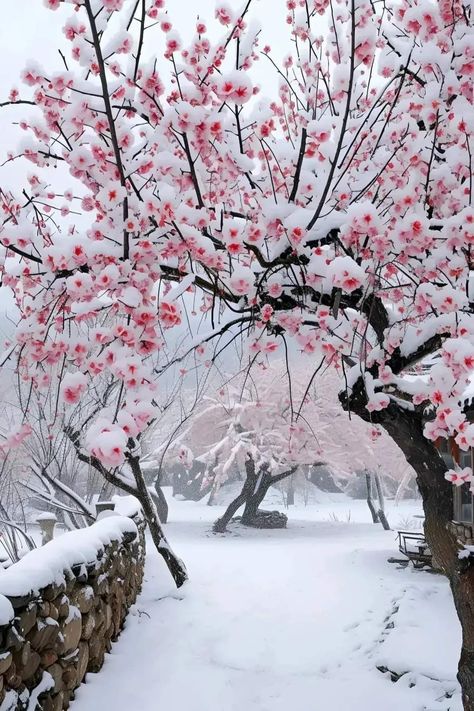 Snow In Korea, November Snow, Peach Blossom Tree, Scene People, Blossoms In Bloom, Snow Forest, Peach Trees, Peach Blossom, Winter Wallpaper