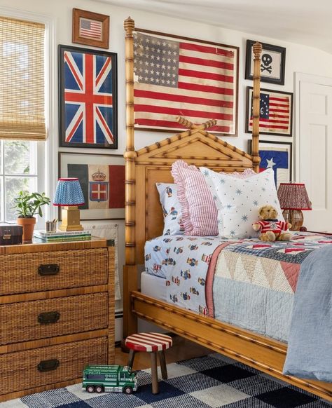 Gina McDade (@virginia_mcdade_designs) • Instagram photos and videos British Themed Rooms, Americana Nursery, Lake House Bunk Rooms, Americana Room, Blue Boys Bedroom, Big Boy Bedrooms, Bunk Rooms, Blue Furniture, Toddler Rooms