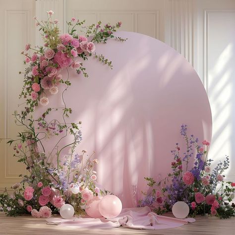 Party Decor With Flowers, Flower Backdrop For Birthday, Spring Wedding Backdrop Ideas, Rounded Arch Wedding, Pink Balloon And Flower Backdrop, Pink Lights Party, Birthday Background Decor, Photo Backdrop First Birthday, Pink Themed Decorations