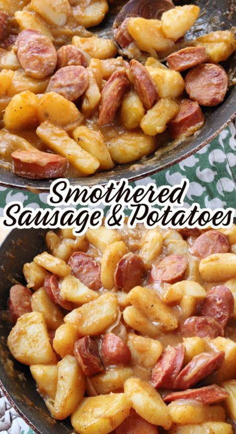 An old-fashioned country recipe with smoked sausage and onions smothered in stewed potatoes for a simple, hearty homemade meal that comes together in under 30 minutes. Smothered Sausage, Recipe With Smoked Sausage, Sausage Recipes Potatoes, Smoked Sausage And Potatoes, Sausage And Onions, Smoked Sausage And Potato Recipe, Polish Sausage Recipes, Smoked Sausage Casserole, Sausage And Potatoes Skillet