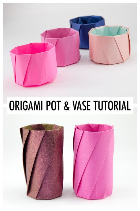 Learn how to fold two versions of a round origami pot or vase. This origami cup can be tall or short, made from 1 sheet of square paper, no glue or cuts required. Origami Pot, Make Paper Roses, Origami Kutu, Origami Cup, Vase Origami, Origami Bowl, Paper Folding Crafts, Origami Star Box, Dollar Origami