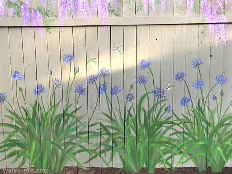 Flowers Painted On Fence Backyards, Flower Mural Outdoor Fence, Painting Murals On Fences, Wall Muriel Ideas, Fence Mural Ideas Backyards Wood, Painted Outdoor Fence, Outside Wall Art Outdoors Ideas, Outside Wall Design Outdoor Paint, Painted Fences Mural Backyard